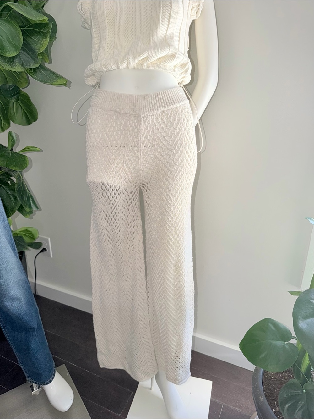 Women’s Knit Wide-Leg Pants in Cream - Lightweight Crochet Style
